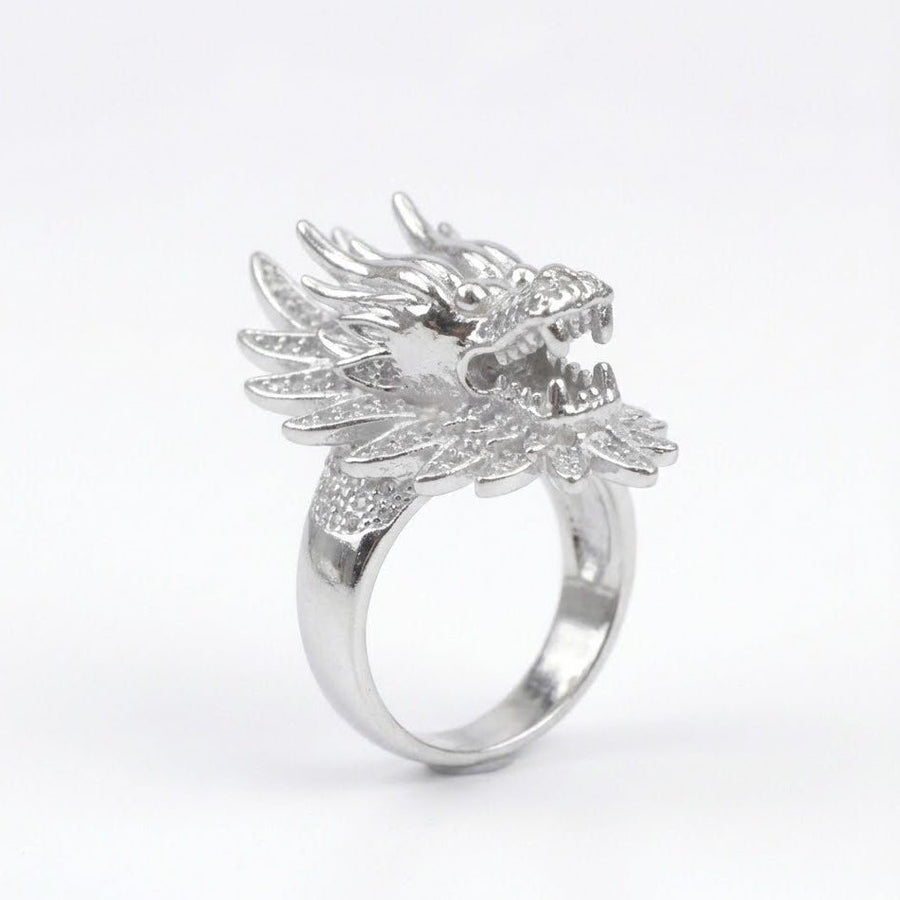 Side view of silver dragon head ring showing band and three-dimensional sculpted dragon face