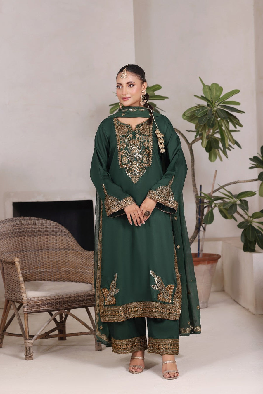 Green Gold Maherposh 3 Piece Embroidered Luxury Pret