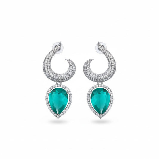 Pair of silver-plated earrings with green teardrop gemstones displayed on white background