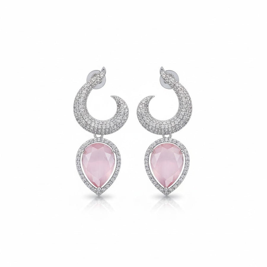 Pair of silver-plated earrings with pink teardrop gemstones displayed on white background
