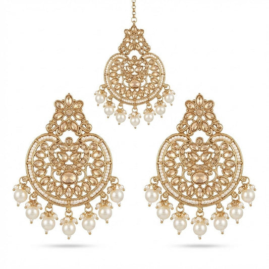 Gold Plated Crescent Moon Earrings & Tikka Jewelry Set - Pehnaawaa