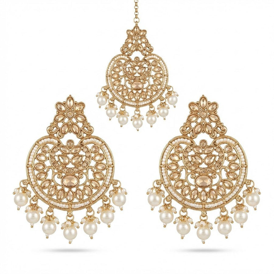 Gold Plated Crescent Moon Earrings & Tikka Jewelry Set - Pehnaawaa