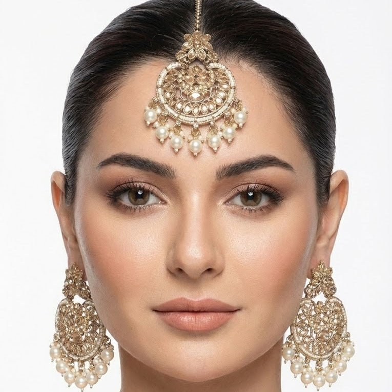 Gold Plated Crescent Moon Earrings & Tikka Jewelry Set - Pehnaawaa