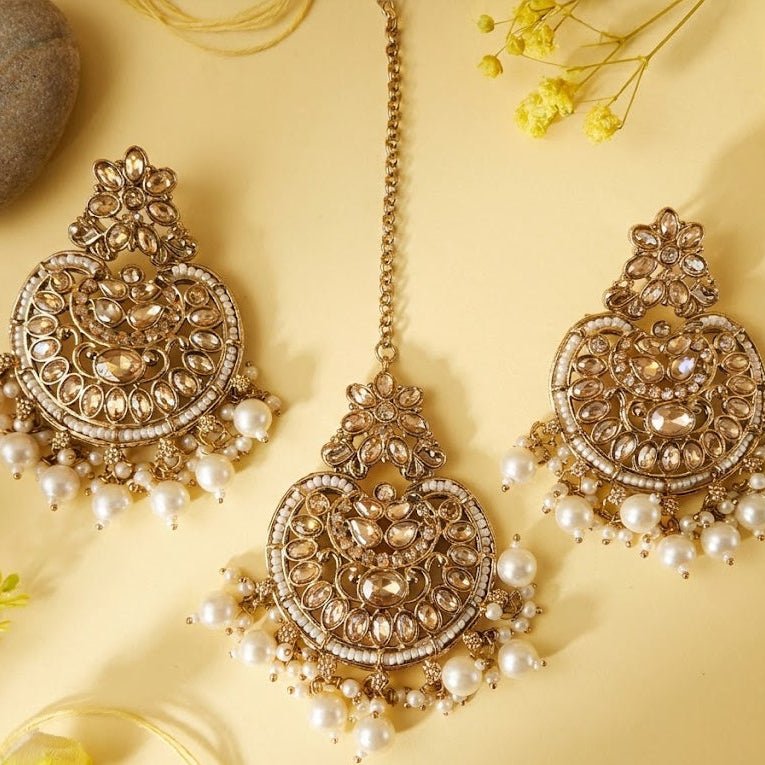 Gold Plated Crescent Moon Earrings & Tikka Jewelry Set - Pehnaawaa