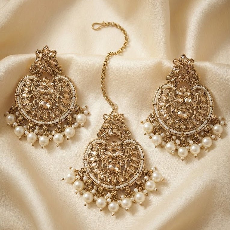 Gold Plated Crescent Moon Earrings & Tikka Jewelry Set - Pehnaawaa