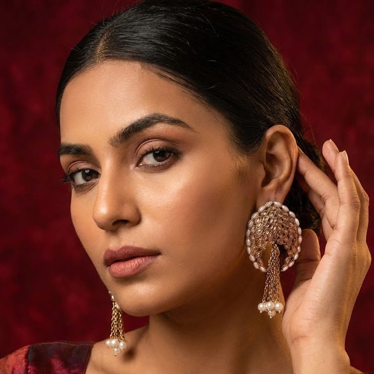 Gold Plated Statement Tassel Earrings with Pearls & Marquise Stones - Pehnaawaa