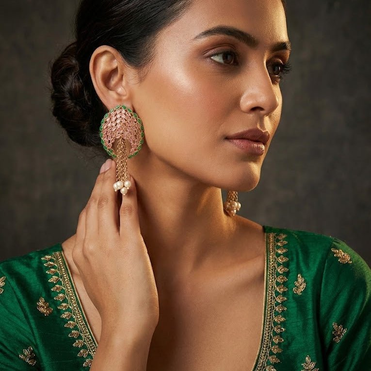 Gold Plated Statement Tassel Earrings with Pearls & Marquise Stones - Pehnaawaa