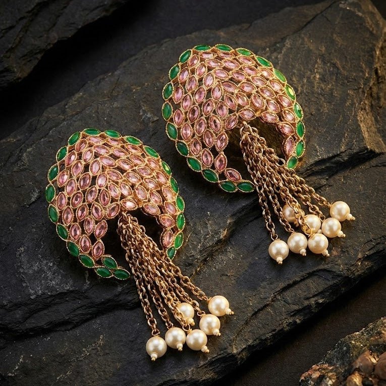 Gold Plated Statement Tassel Earrings with Pearls & Marquise Stones - Pehnaawaa
