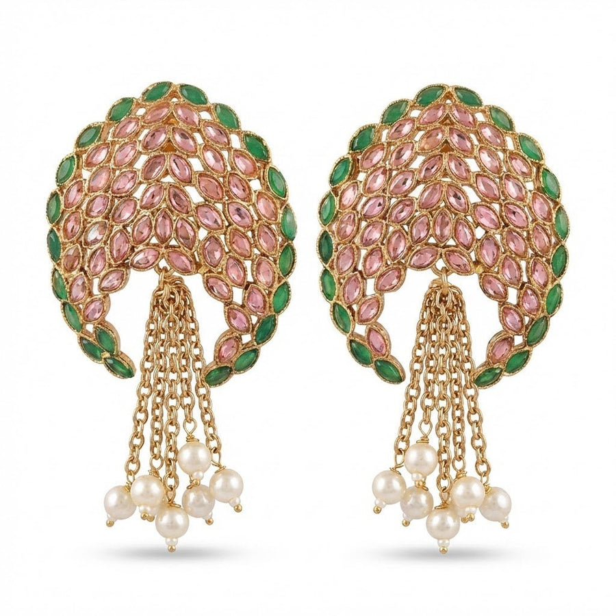 Gold Plated Statement Tassel Earrings with Pearls & Marquise Stones - Pehnaawaa