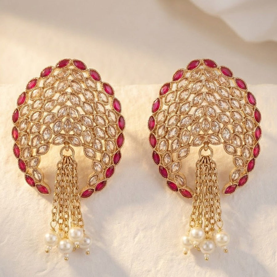 Gold Plated Statement Tassel Earrings with Pearls & Marquise Stones - Pehnaawaa