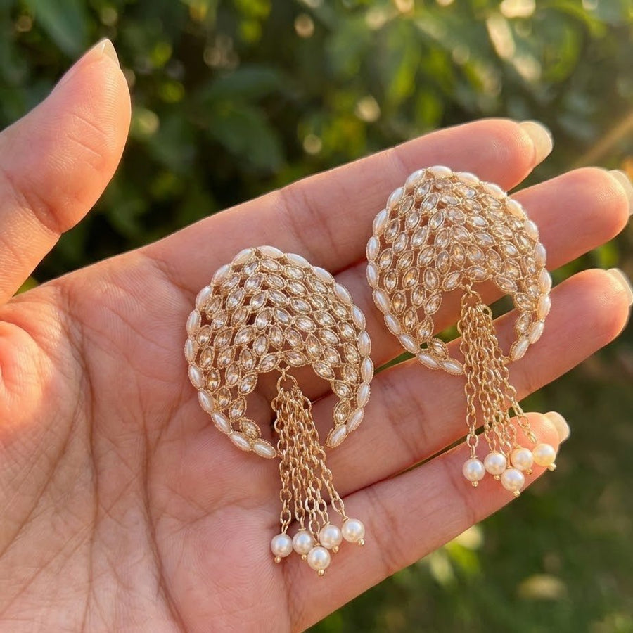 Gold Plated Statement Tassel Earrings with Pearls & Marquise Stones - Pehnaawaa