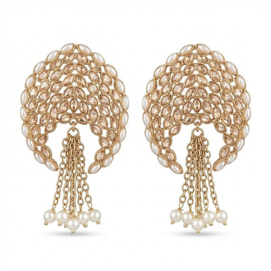 Gold Plated Statement Tassel Earrings with Pearls & Marquise Stones - Pehnaawaa