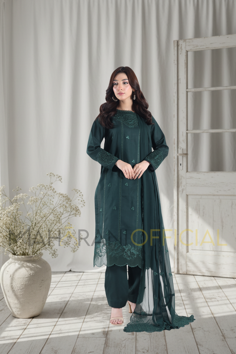 Green Allure 3 piece Embroidered Stitched suit