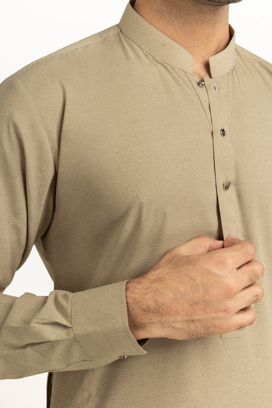 Taupe Silk Blend 2-Piece Kurta Set | Mandarin Collar