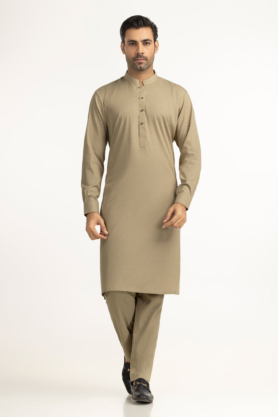 Taupe Silk Blend 2-Piece Kurta Set | Mandarin Collar
