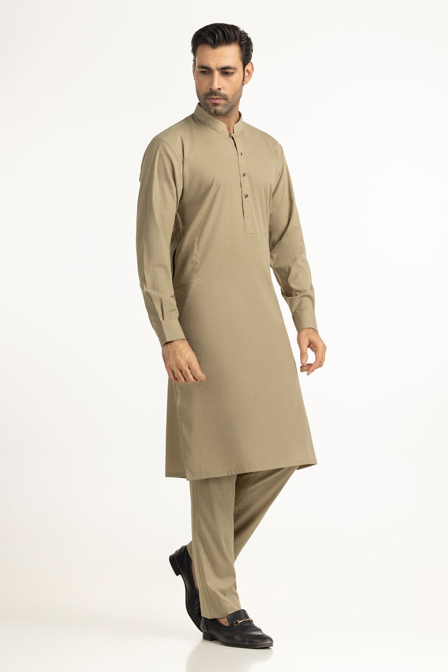 Taupe Silk Blend 2-Piece Kurta Set | Mandarin Collar