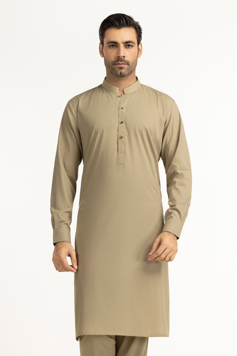 Taupe Silk Blend 2-Piece Kurta Set | Mandarin Collar