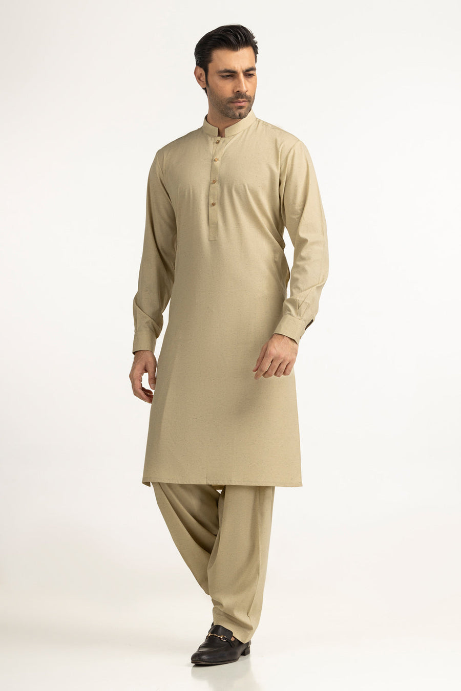 Taupe Silk Blend 2-Piece Kurta Set | Mandarin Collar