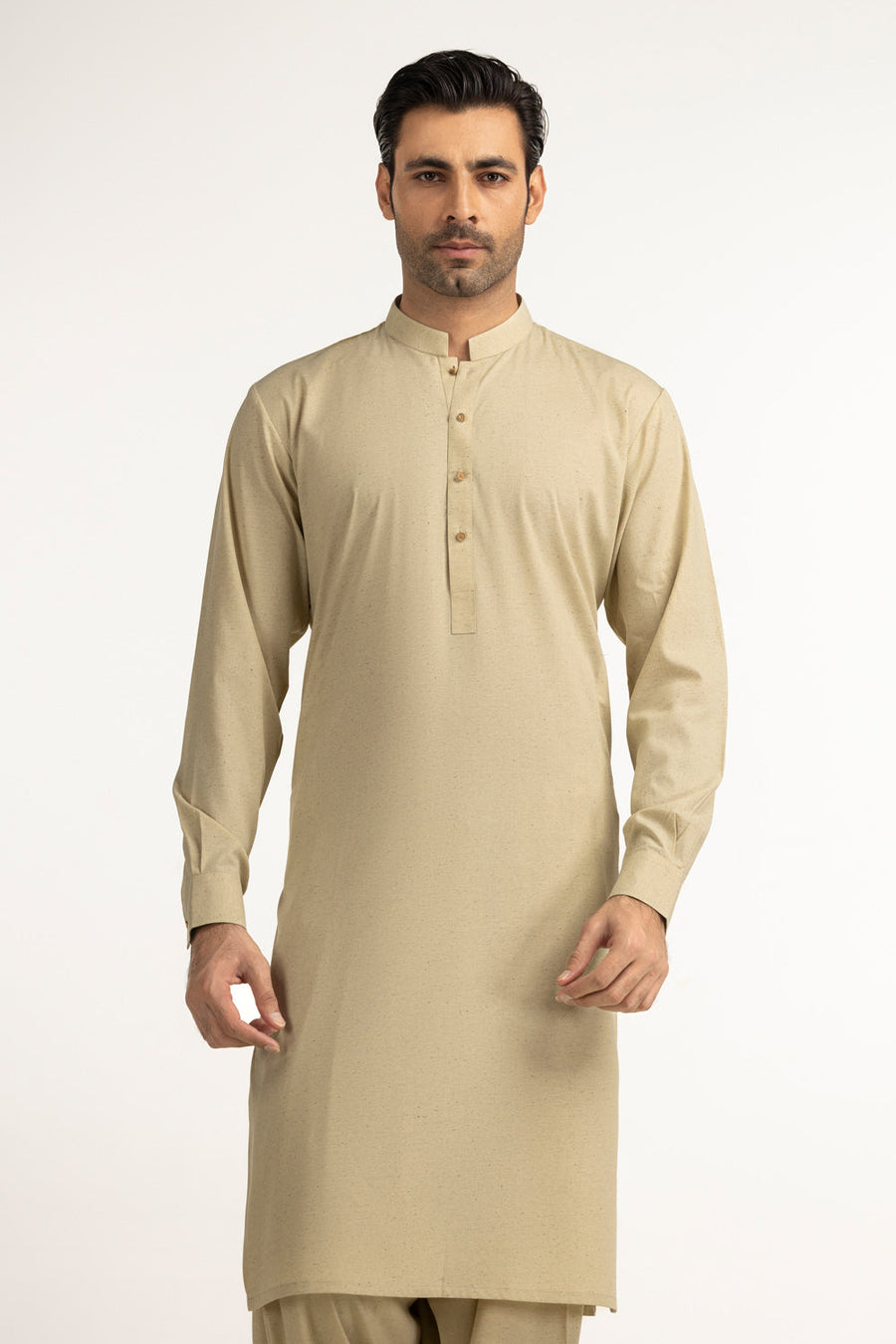 Taupe Silk Blend 2-Piece Kurta Set | Mandarin Collar