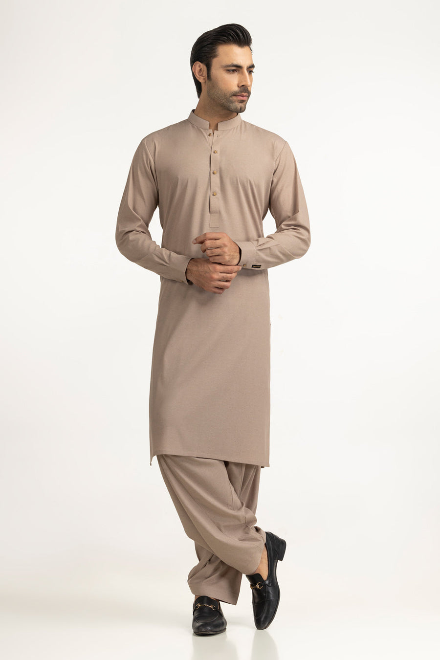Taupe Silk Blend 2-Piece Kurta Set | Mandarin Collar