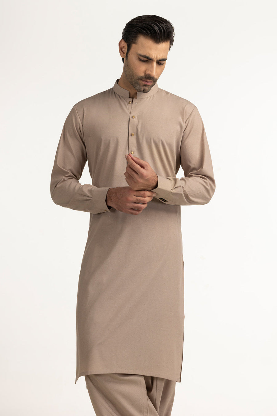 Taupe Silk Blend 2-Piece Kurta Set | Mandarin Collar