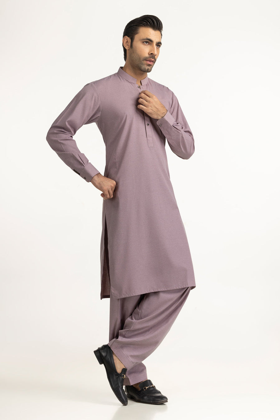 Taupe Silk Blend 2-Piece Kurta Set | Mandarin Collar
