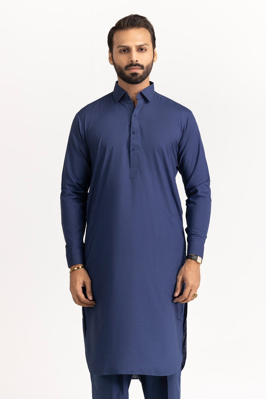 Midnight Navy Silk Blend 2-Piece Kurta | Classic Collar