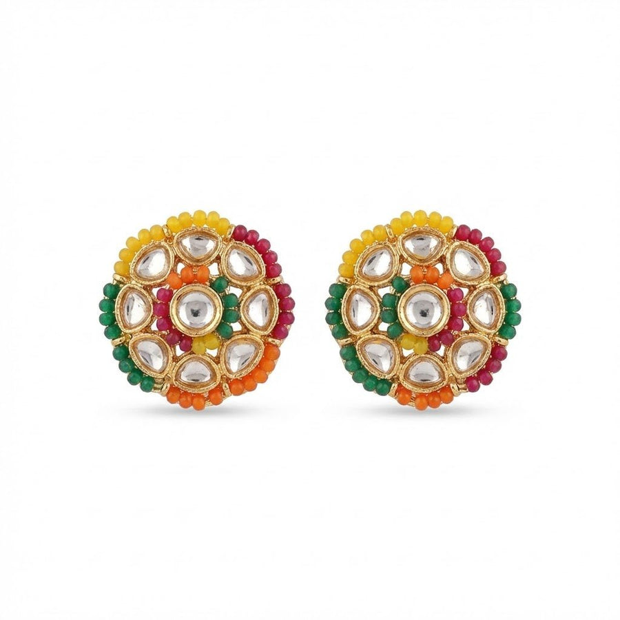 Pair of round stud earrings with gold-plated borders, clear Polki-style stones, and colorful beads in yellow, green, orange, and magenta on a white background