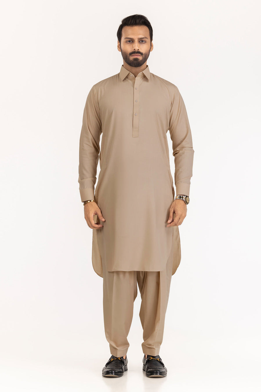 Sage Linen Blend 2-Piece Men's Salwar Kameez | Henley Neckline