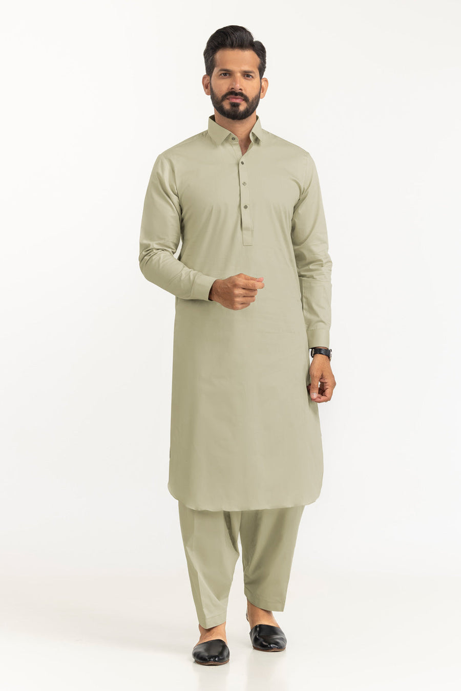Sage Linen Blend 2-Piece Men's Salwar Kameez | Henley Neckline