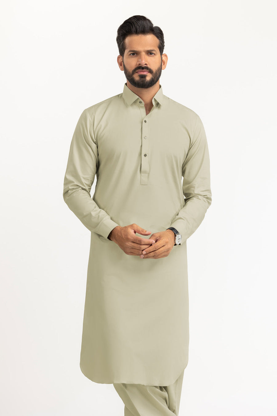 Sage Linen Blend 2-Piece Men's Salwar Kameez | Henley Neckline