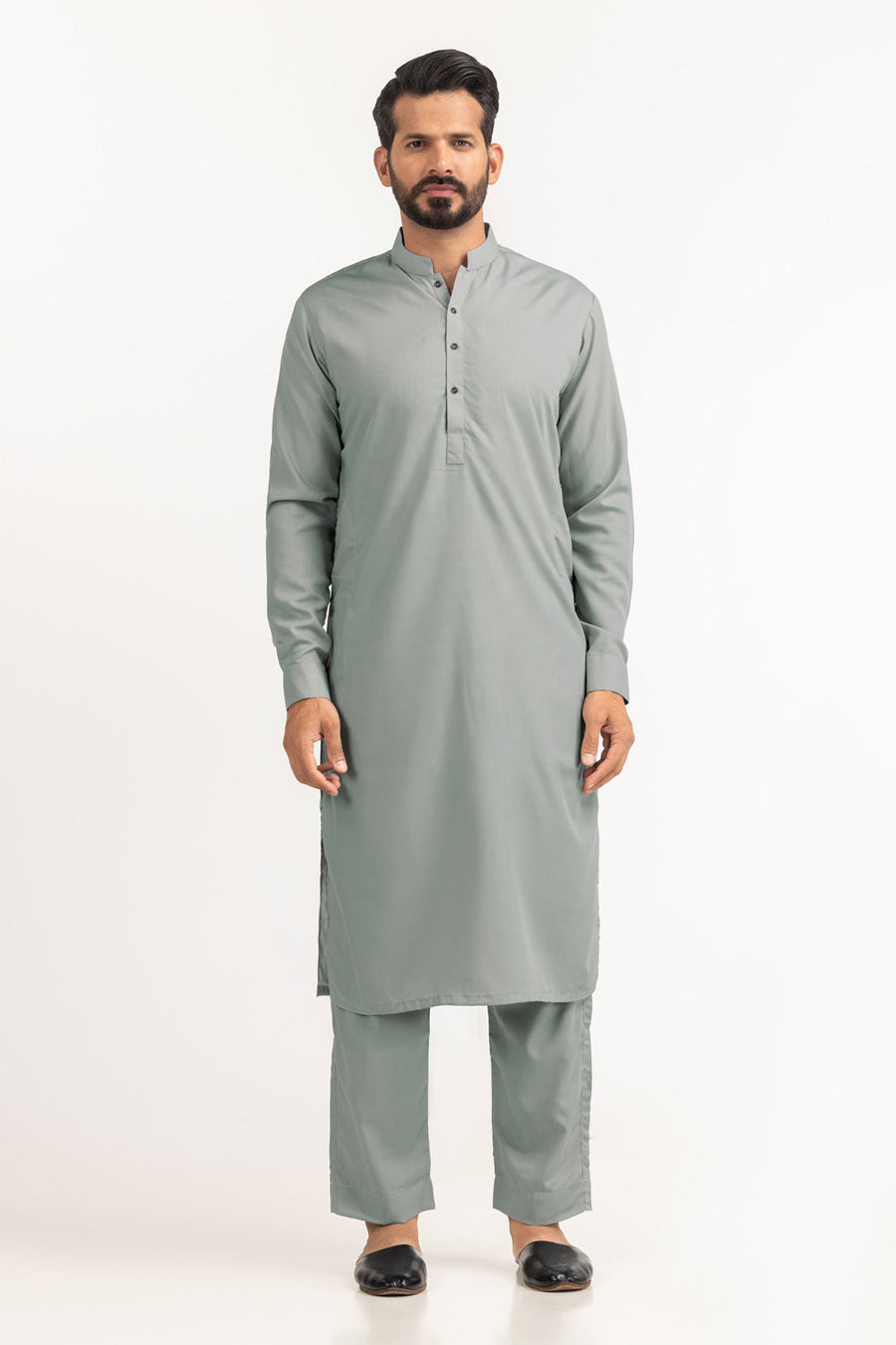 Sage Linen Blend 2-Piece Men's Salwar Kameez | Henley Neckline