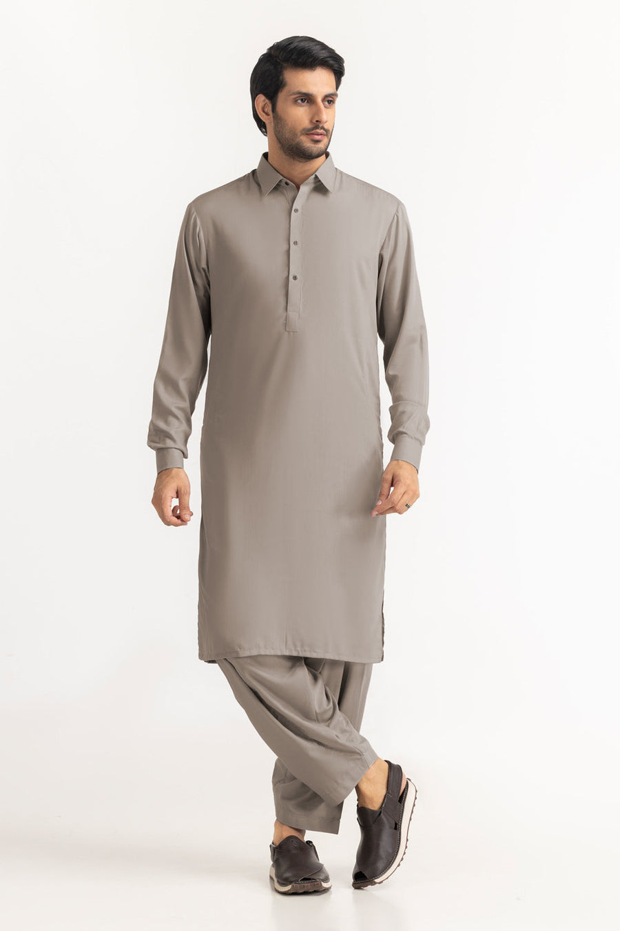 Sage Linen Blend 2-Piece Men's Salwar Kameez | Henley Neckline