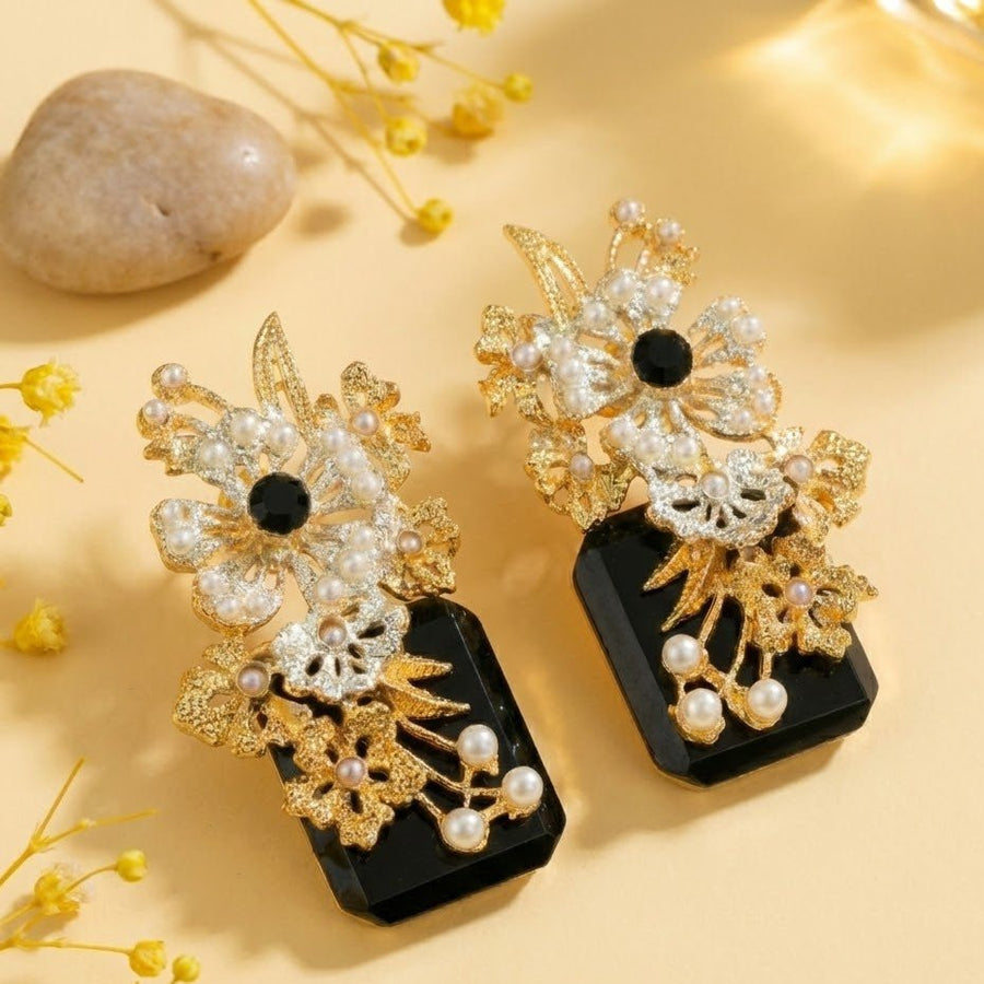 Hand Crafted Blossom Earrings - Gold Plated Semi Precious Stone - Pehnaawaa
