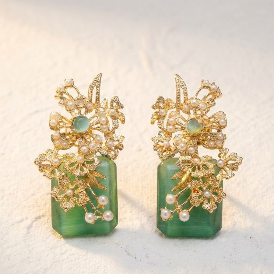 Hand Crafted Blossom Earrings - Gold Plated Semi Precious Stone - Pehnaawaa