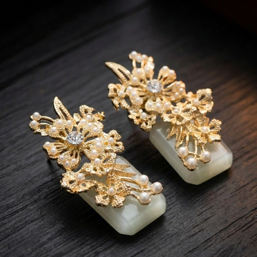 Hand Crafted Blossom Earrings - Gold Plated Semi Precious Stone - Pehnaawaa