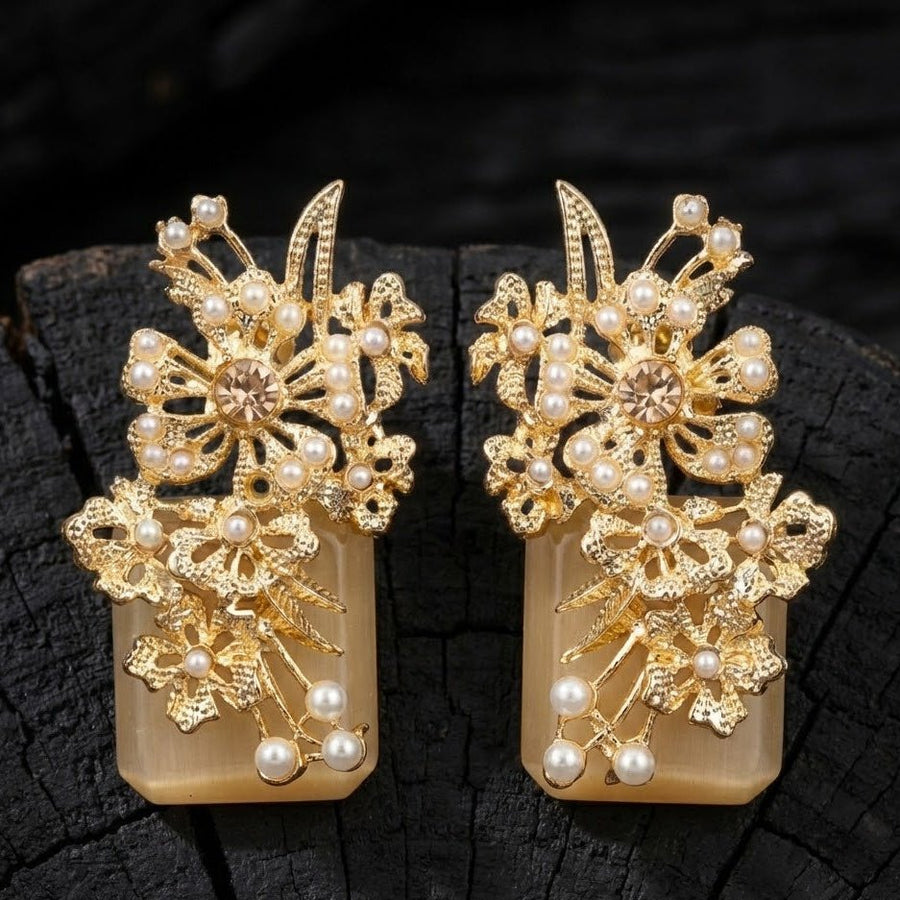 Hand Crafted Blossom Earrings - Gold Plated Semi Precious Stone - Pehnaawaa