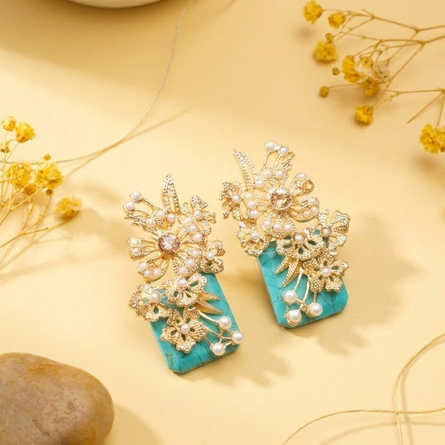 Hand Crafted Blossom Earrings - Gold Plated Semi Precious Stone - Pehnaawaa