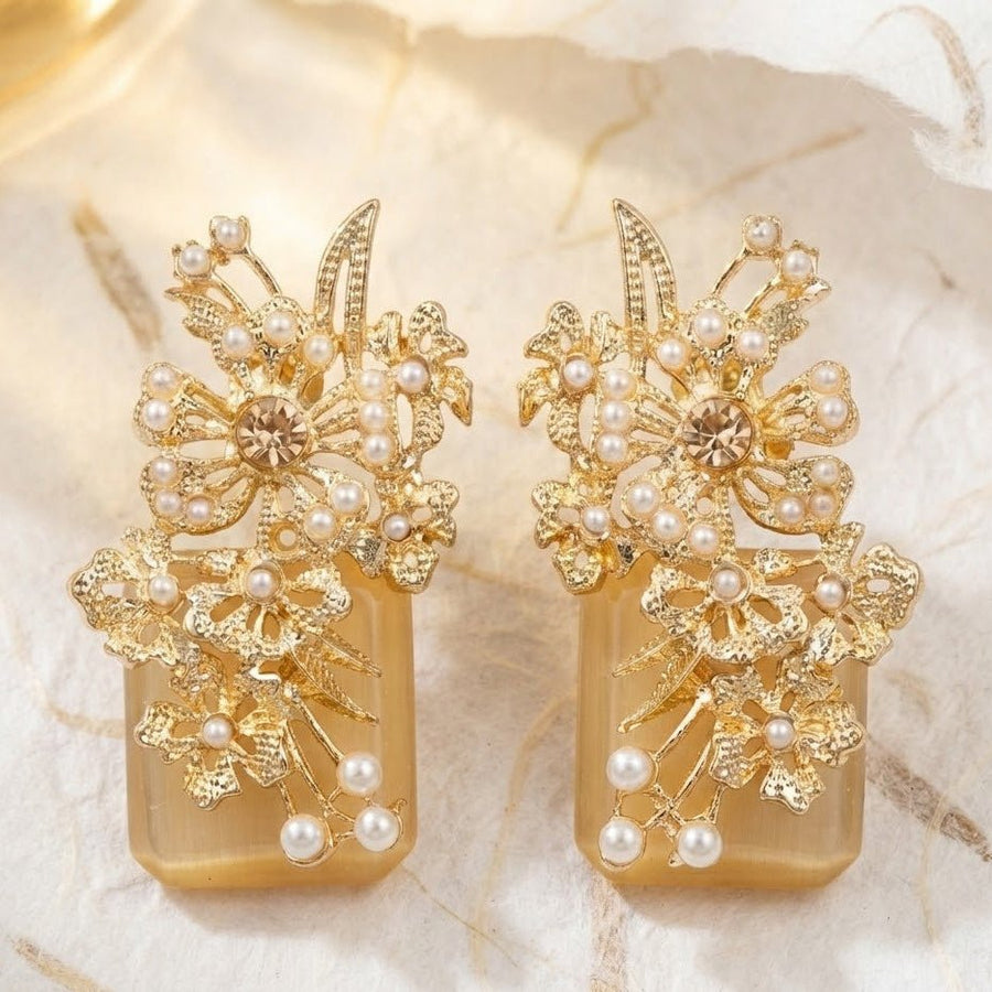 Hand Crafted Blossom Earrings - Gold Plated Semi Precious Stone - Pehnaawaa