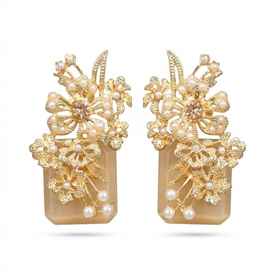 Hand Crafted Blossom Earrings - Gold Plated Semi Precious Stone - Pehnaawaa