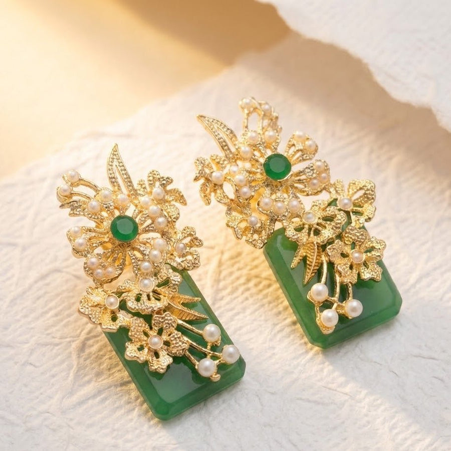 Hand Crafted Blossom Earrings - Gold Plated Semi Precious Stone - Pehnaawaa