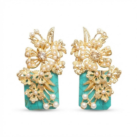 Hand Crafted Blossom Earrings - Gold Plated Semi Precious Stone - Pehnaawaa