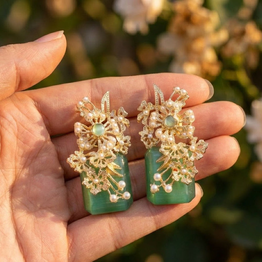 Hand Crafted Blossom Earrings - Gold Plated Semi Precious Stone - Pehnaawaa