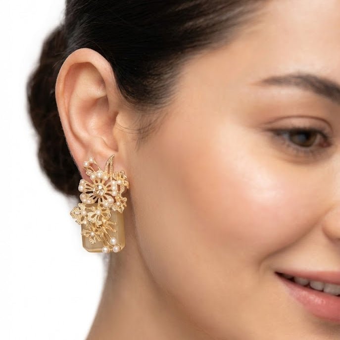 Hand Crafted Blossom Earrings - Gold Plated Semi Precious Stone - Pehnaawaa