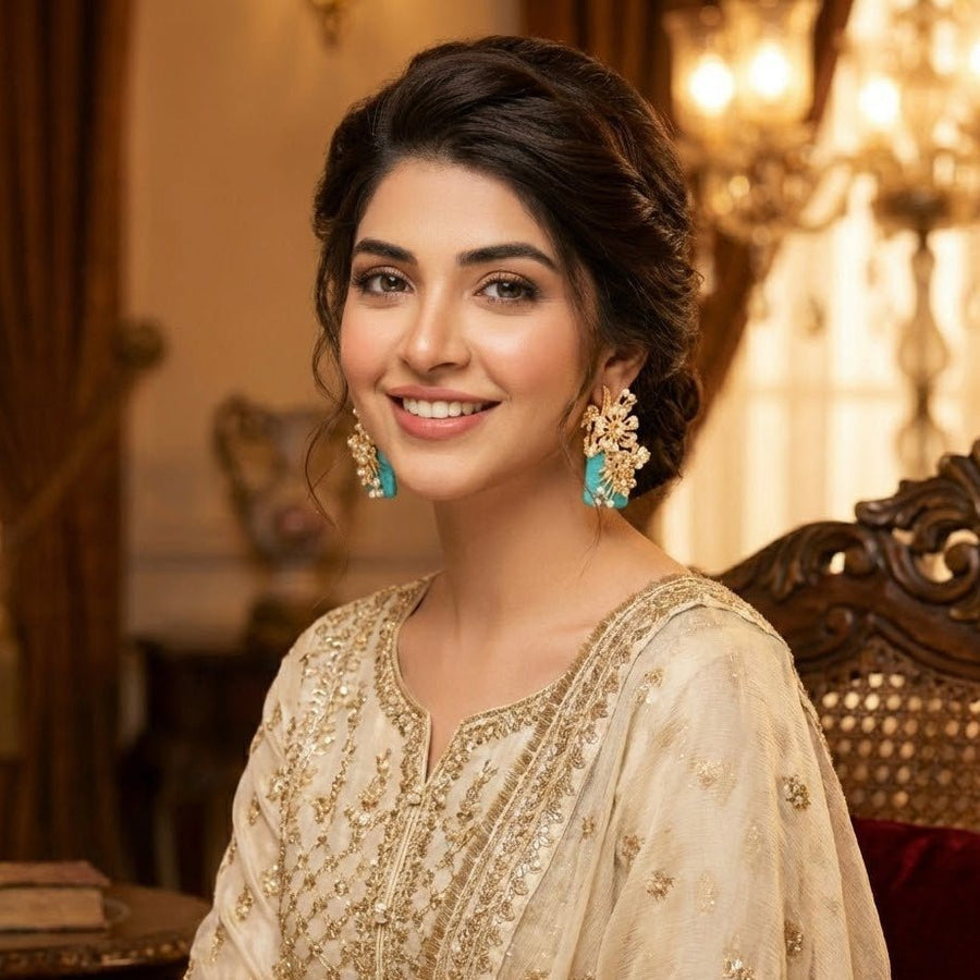 Hand Crafted Blossom Earrings - Gold Plated Semi Precious Stone - Pehnaawaa