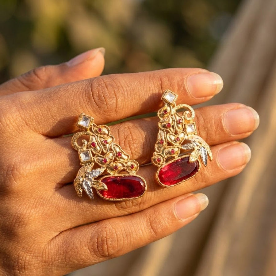 Hand Crafted Gold Plated Jhumka Earrings - Premium Stone Work - Pehnaawaa