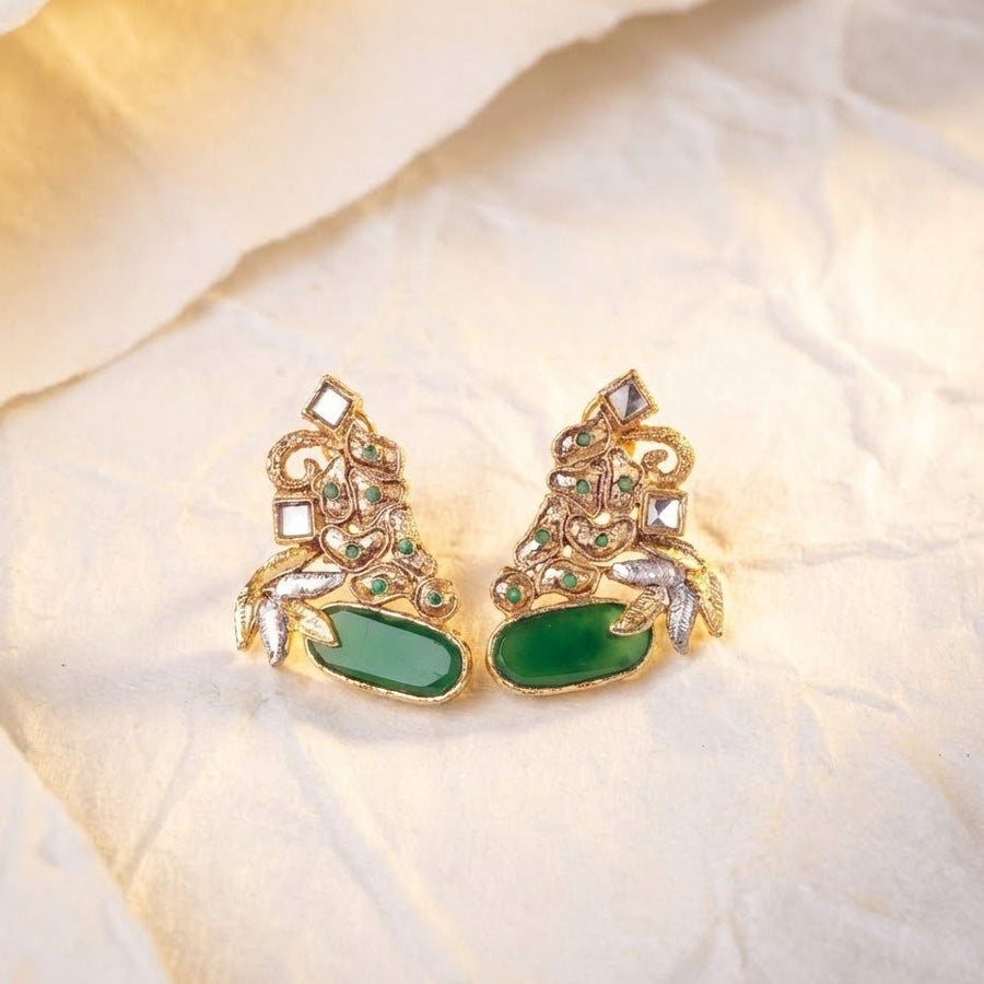Hand Crafted Gold Plated Jhumka Earrings - Premium Stone Work - Pehnaawaa