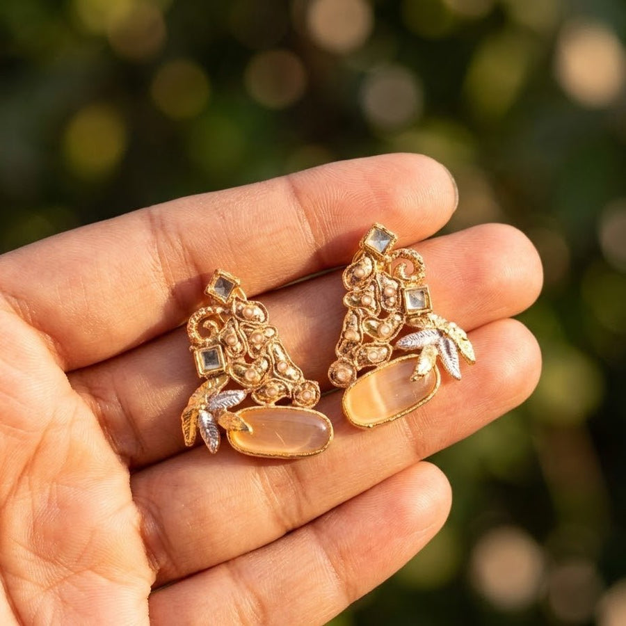 Hand Crafted Gold Plated Jhumka Earrings - Premium Stone Work - Pehnaawaa