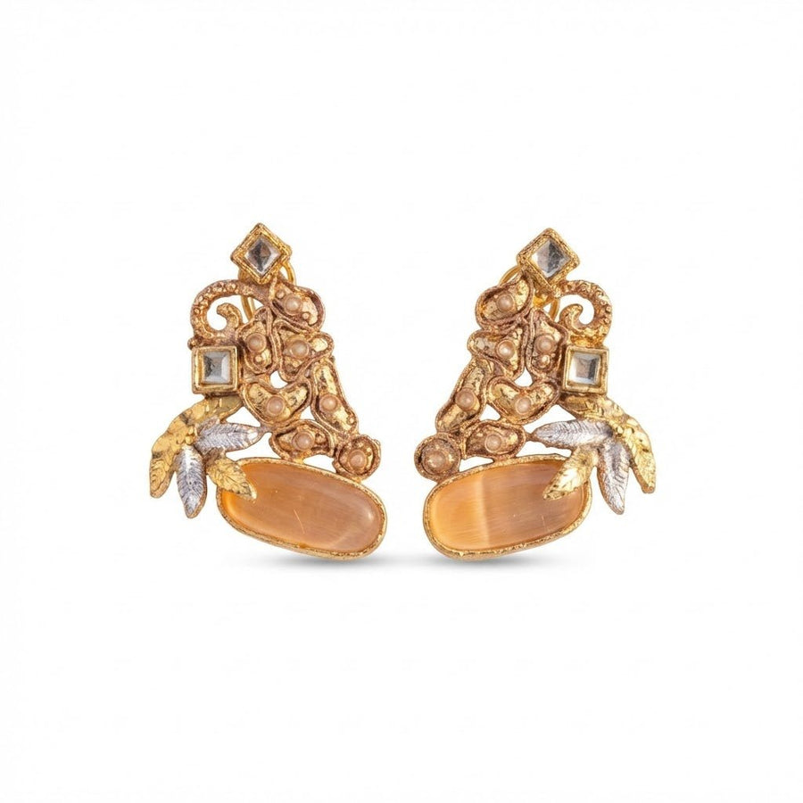 Hand Crafted Gold Plated Jhumka Earrings - Premium Stone Work - Pehnaawaa