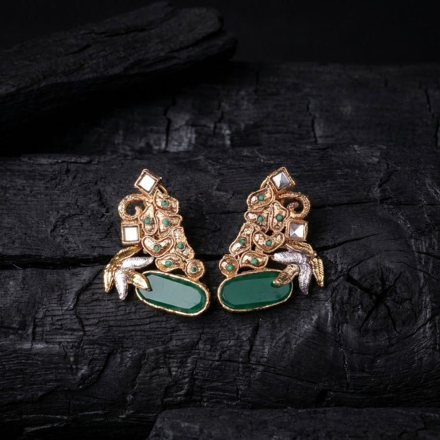 Hand Crafted Gold Plated Jhumka Earrings - Premium Stone Work - Pehnaawaa
